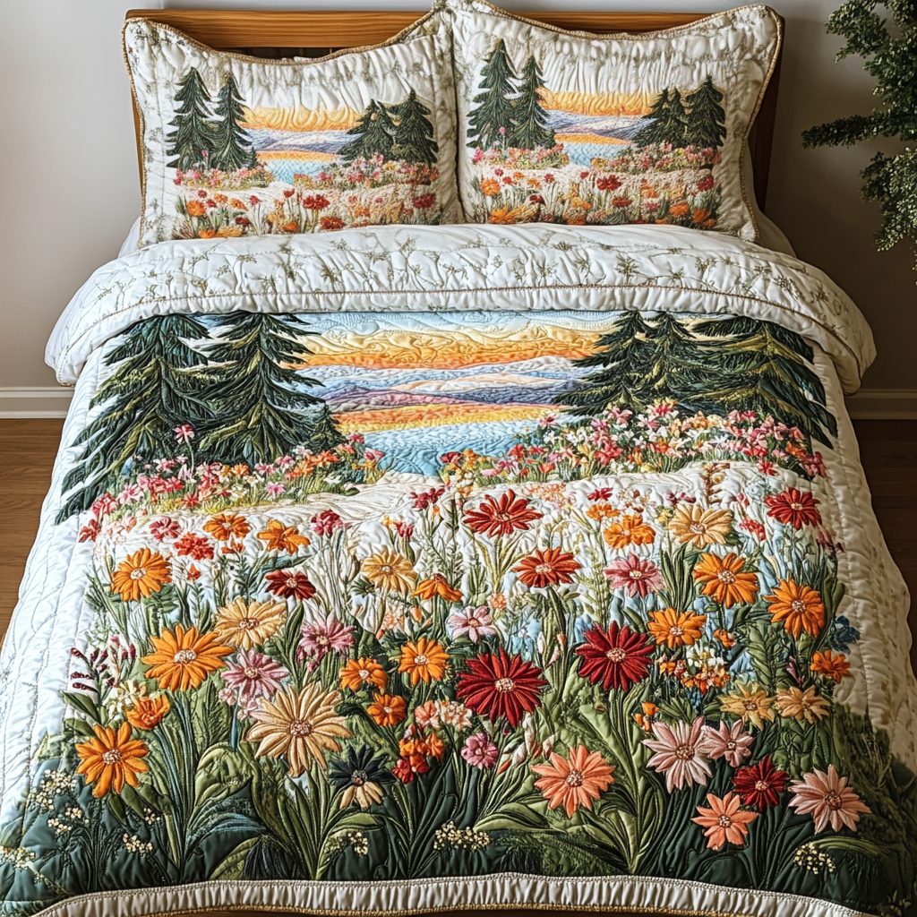 Blossom Path quilted 3-piece bedding set on a made bed with two matching pillow shams