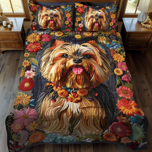 Blossom Pup quilted 3-piece bedding set on a made bed with two matching pillow shams