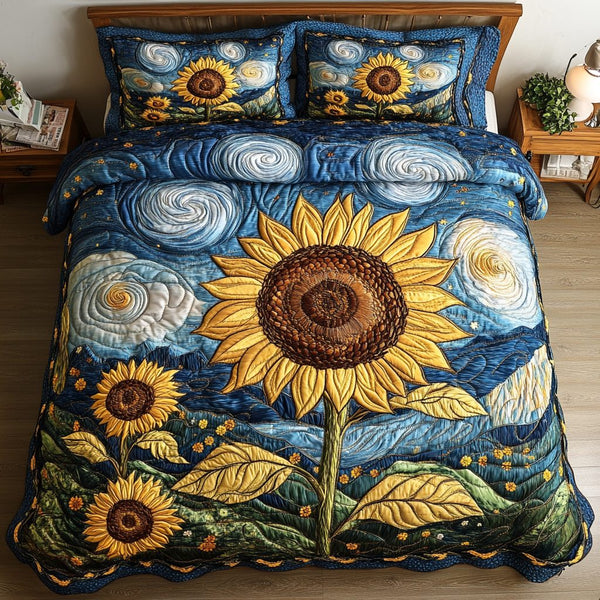 Blossom Rays quilted 3-piece bedding set on a made bed with two matching pillow shams