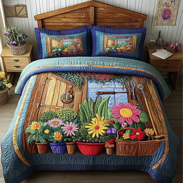 Blossom Retreat quilted 3-piece bedding set on a made bed with two matching pillow shams
