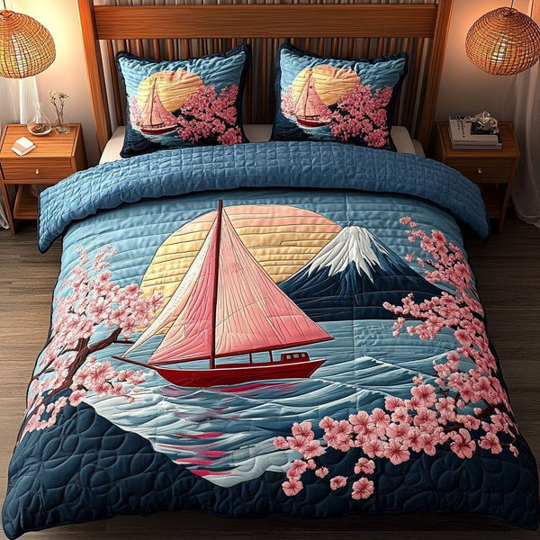 Blossom Sail quilted 3-piece bedding set on a made bed in a light coastal bedroom