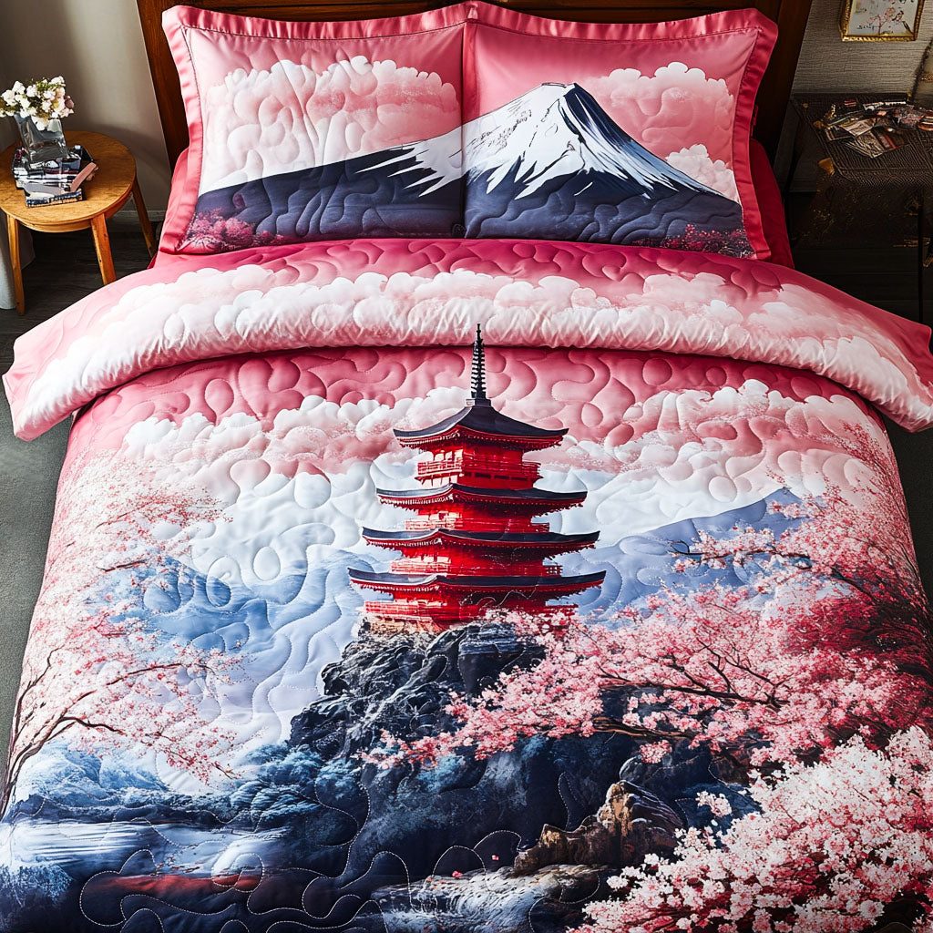 Blossom Serenity quilted 3-piece bedding set on a made bed with two matching pillow shams