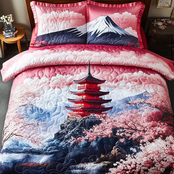 Blossom Serenity quilted 3-piece bedding set on a made bed with two matching pillow shams
