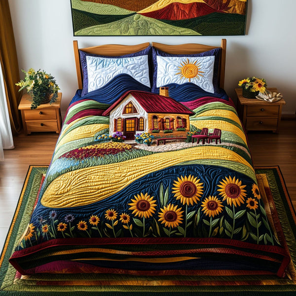 Blossom Serenity quilted 3-piece bedding set on a made bed with two matching pillow shams