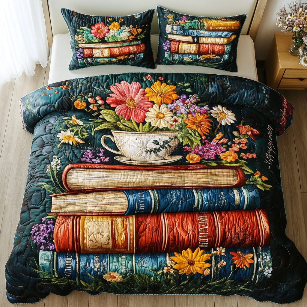 Blossom Shelf quilted 3-piece bedding set on a made bed with two matching pillow shams