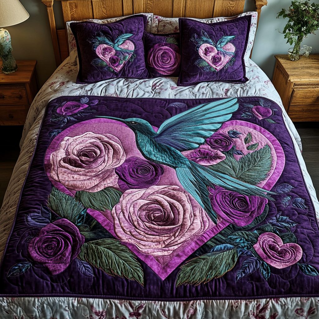 Blossom Soar quilted 3-piece bedding set on a made bed with two matching pillow shams