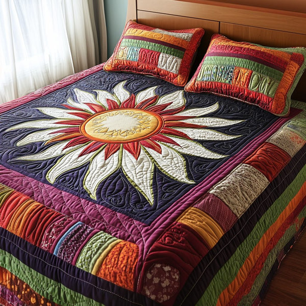 Blossom Sunshine quilted 3-piece bedding set on a made bed with two matching pillow shams
