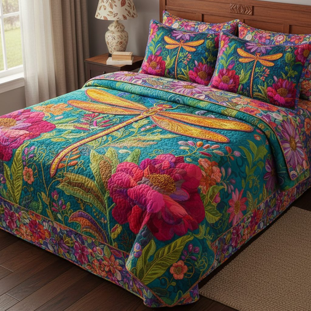 Blossom Symphony Dragonfly quilted 3-piece bedding set on a made bed with two matching pillow shams