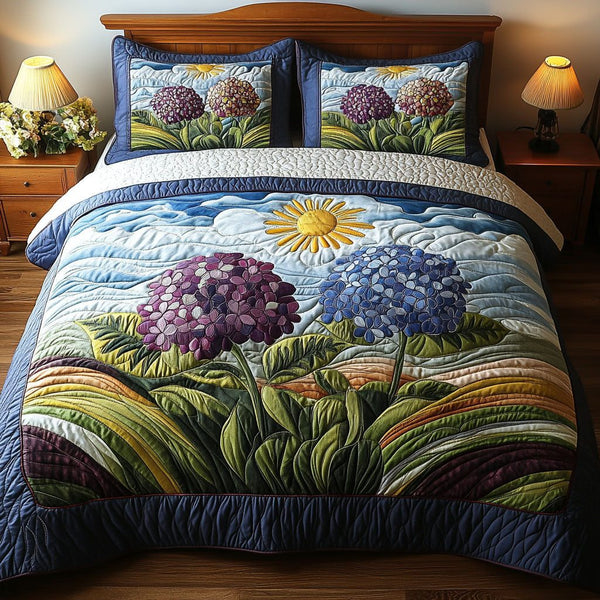 Blossom Tapestry quilted 3-piece bedding set on a made bed with two matching pillow shams
