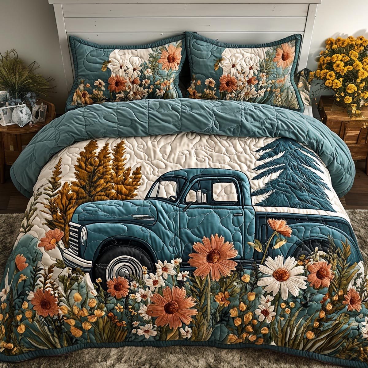 Blossom Truck quilted 3-piece bedding set on a made bed with two matching pillow shams