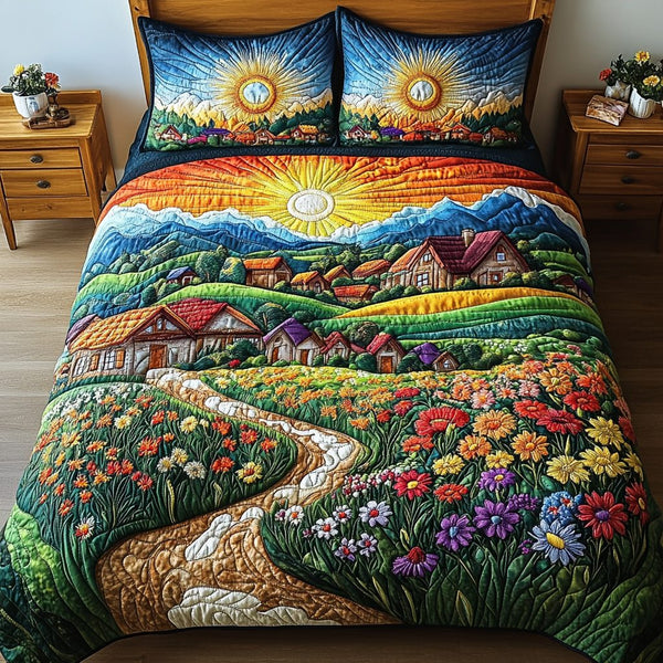Blossom Valley quilted 3-piece bedding set on a made bed with two matching pillow shams