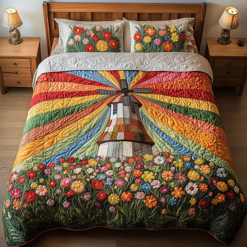 Blossom Vista quilted 3-piece bedding set on a made bed with two matching pillow shams