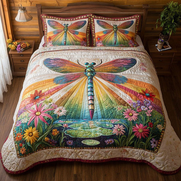 Blossom Wings Harmony quilted 3-piece bedding set on a made bed with two matching pillow shams