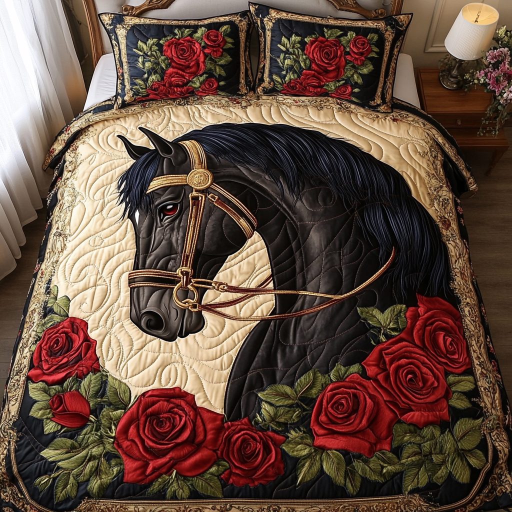 Blossomed Ride quilted 3-piece bedding set on a made bed with two matching pillow shams