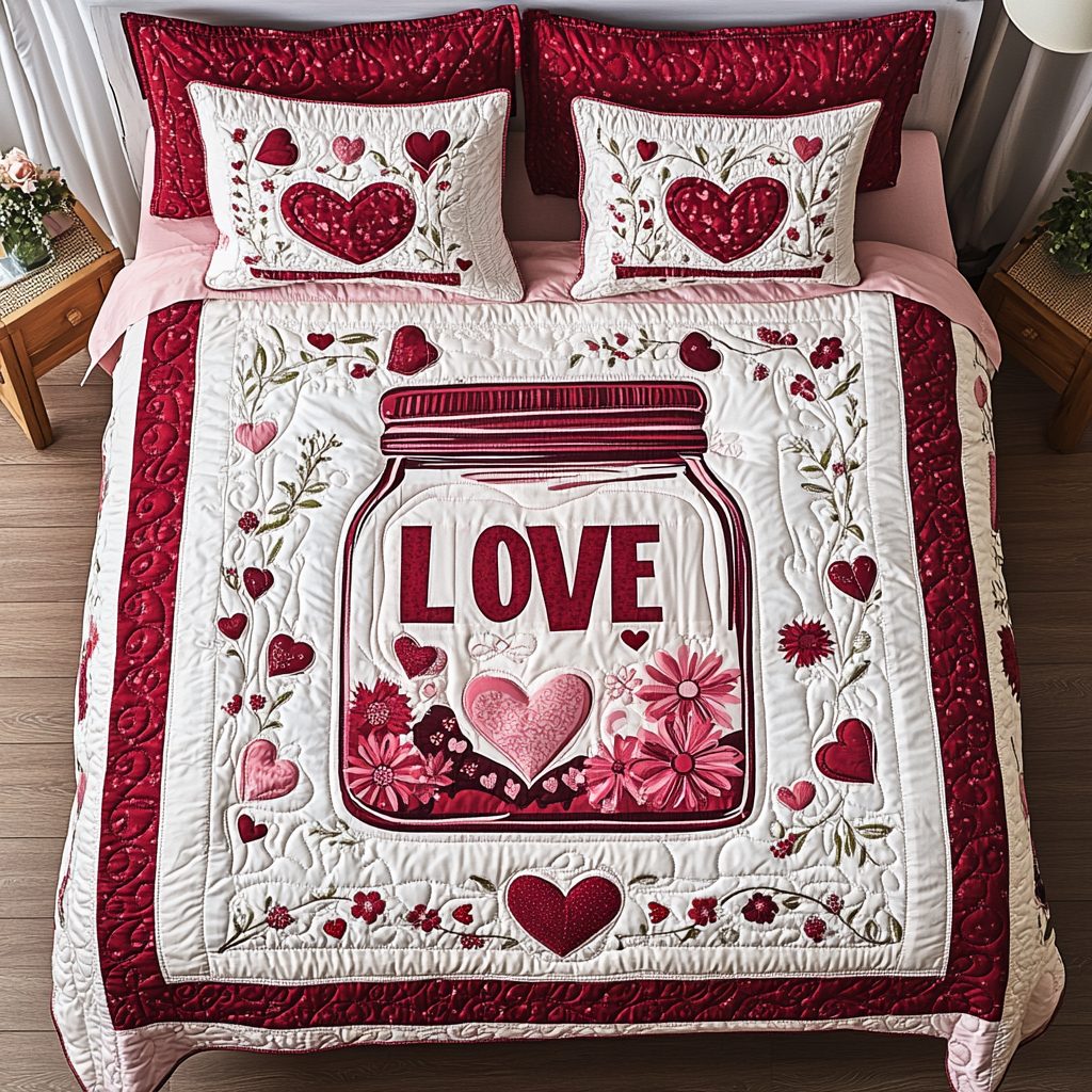 Blossoming Affection quilted 3-piece bedding set on a made bed with two matching pillow shams