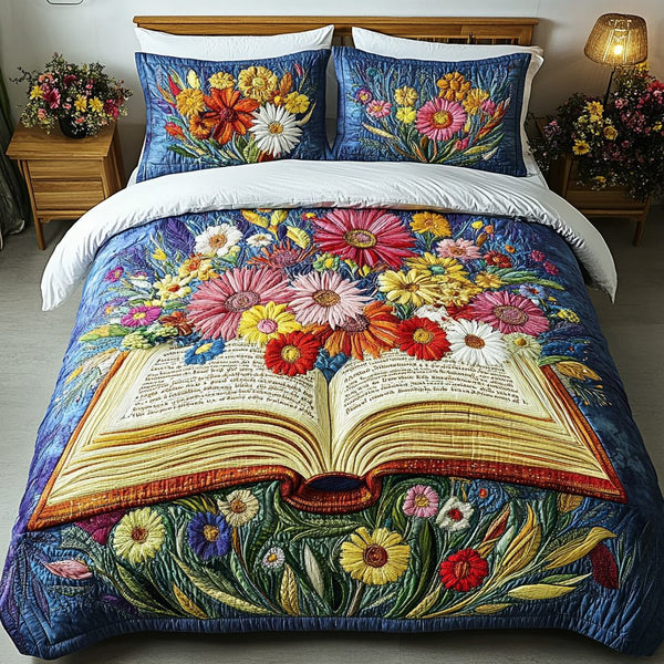 Blossoming Book quilted 3-piece bedding set on a made bed with two matching pillow shams