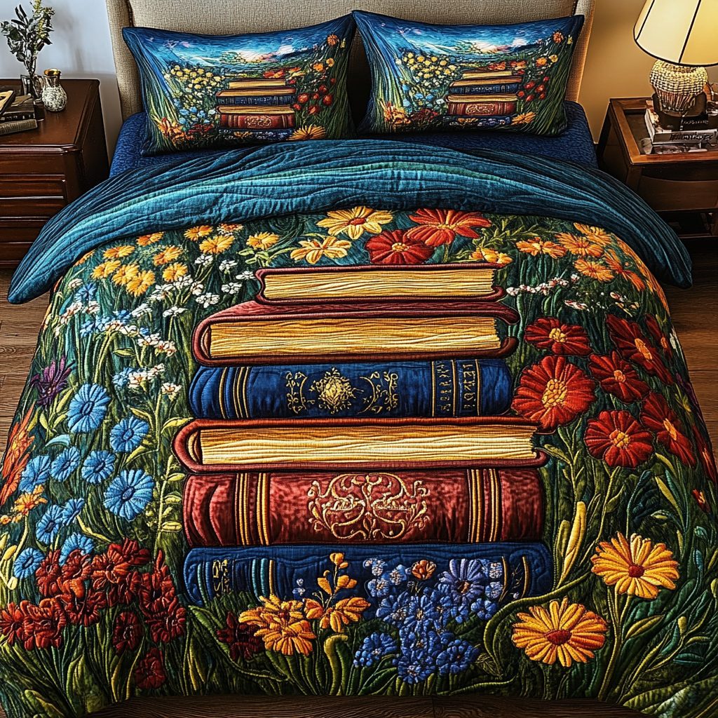 Blossoming Books quilted 3-piece bedding set on a made bed with two matching pillow shams