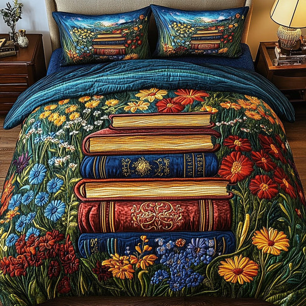 Blossoming Books quilted 3-piece bedding set on a made bed with two matching pillow shams