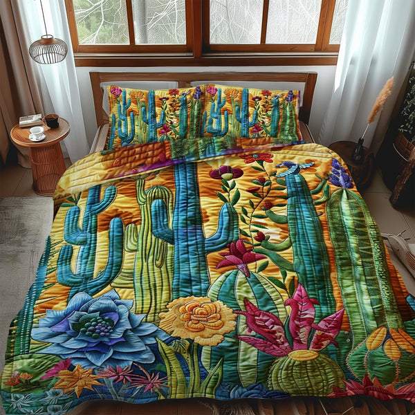 Blossoming Cactus Elegance quilted 3-piece bedding set on a made bed with two matching pillow shams
