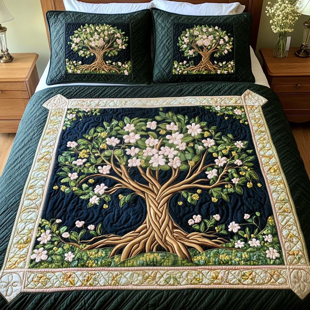 Blossoming Life quilted 3-piece bedding set on a made bed with two matching pillow shams