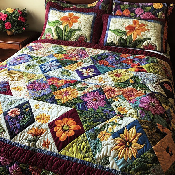 Blossoms and Lace quilted 3-piece bedding set on a made bed with two matching pillow shams