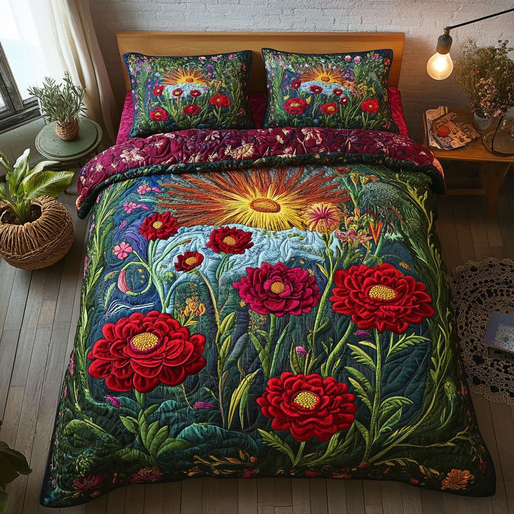 Blossoms in Ohio Breeze quilted 3-piece bedding set on a made bed with two matching pillow shams