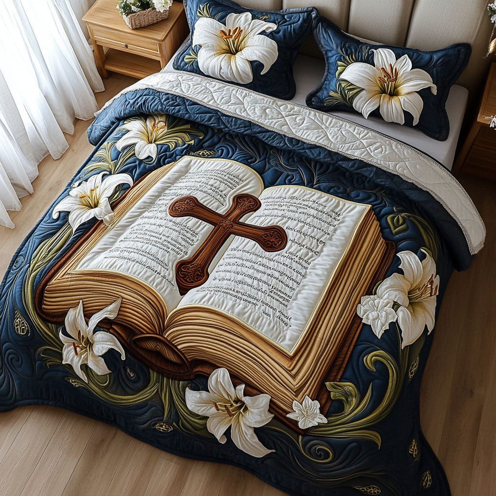 Blossoms of Prayer quilted 3-piece bedding set on a made bed in a softly lit bedroom