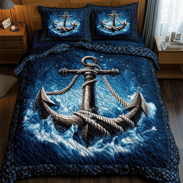 Blue Anchor quilted 3-piece bedding set on a made bed in a light coastal bedroom