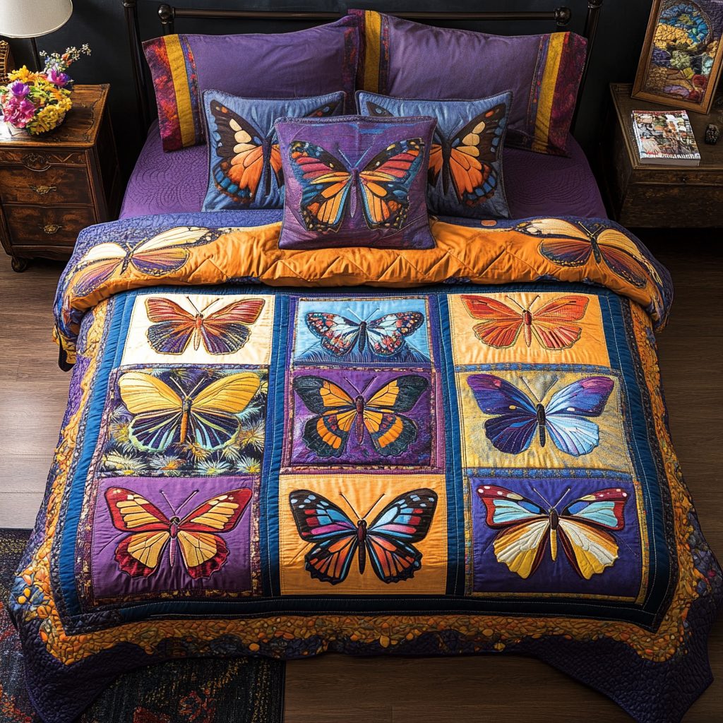 Blue Butterfly quilted 3-piece bedding set on a made bed with two matching pillow shams