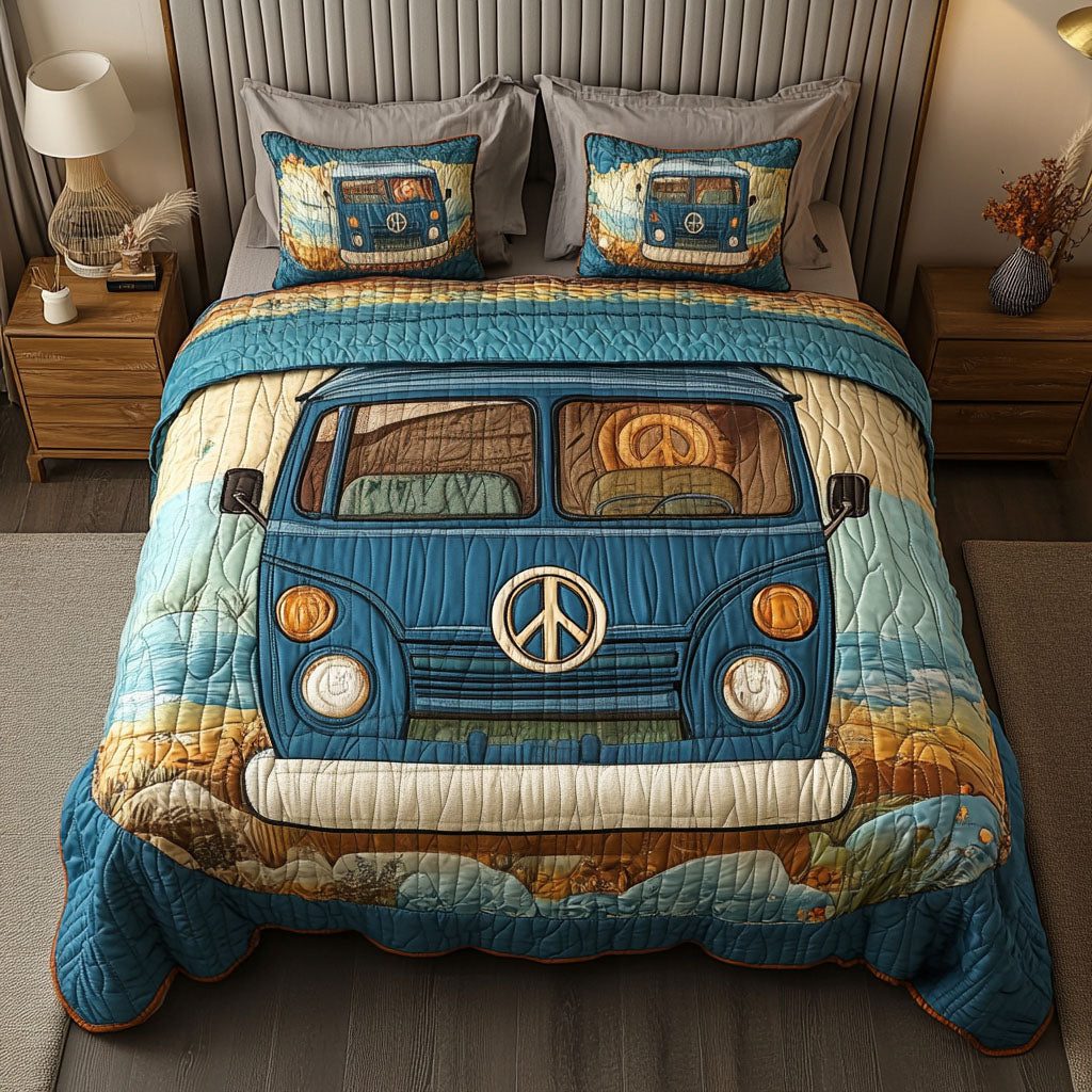 Blue Camper Adventure quilted 3-piece bedding set on a made bed in a winter-styled bedroom
