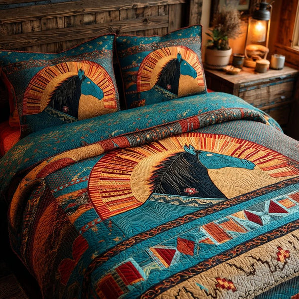 Blue Canyon Stallion quilted 3-piece bedding set on a made bed in a rustic timber bedroom