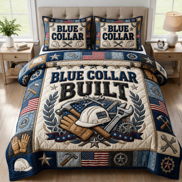 Blue Collar Pride quilted 3-piece bedding set on a made bed with two matching pillow shams