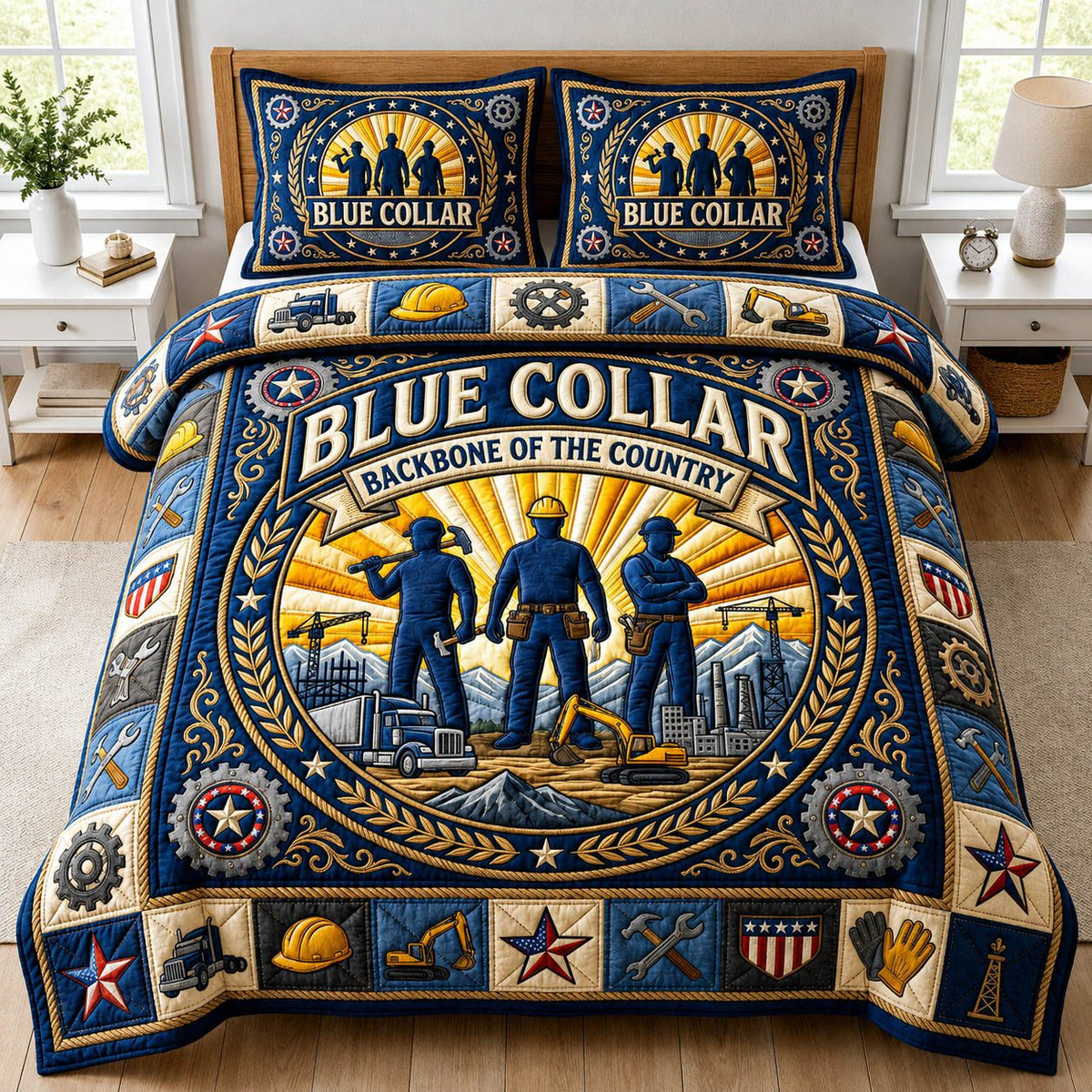 Blue Collar quilted 3-piece bedding set on a made bed with two matching pillow shams