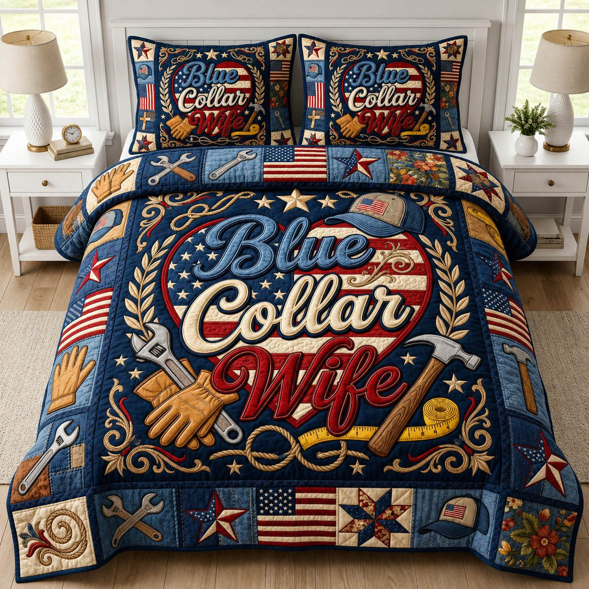 Blue Collar Wife quilted 3-piece bedding set on a made bed with two matching pillow shams