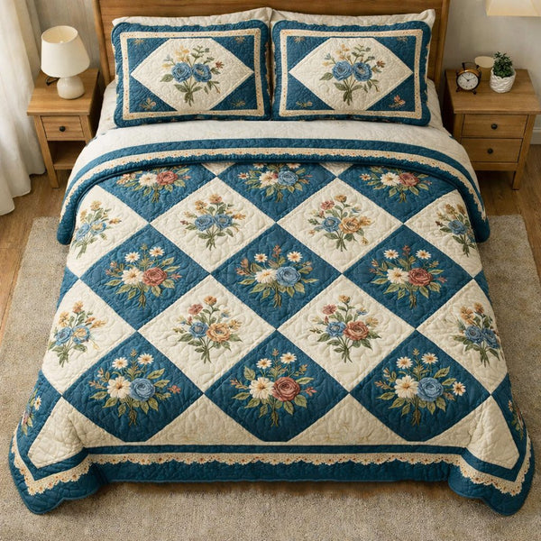 Blue Cottage quilted 3-piece bedding set on a made bed in a farmhouse bedroom