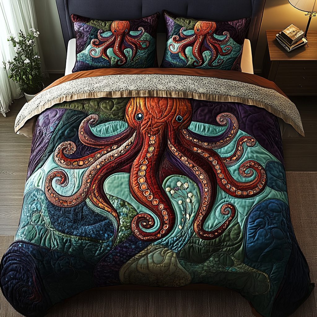 Blue Depths quilted 3-piece bedding set on a made bed with two matching pillow shams