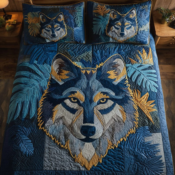 Blue Ember Wolf quilted 3-piece bedding set on a made bed with two matching pillow shams
