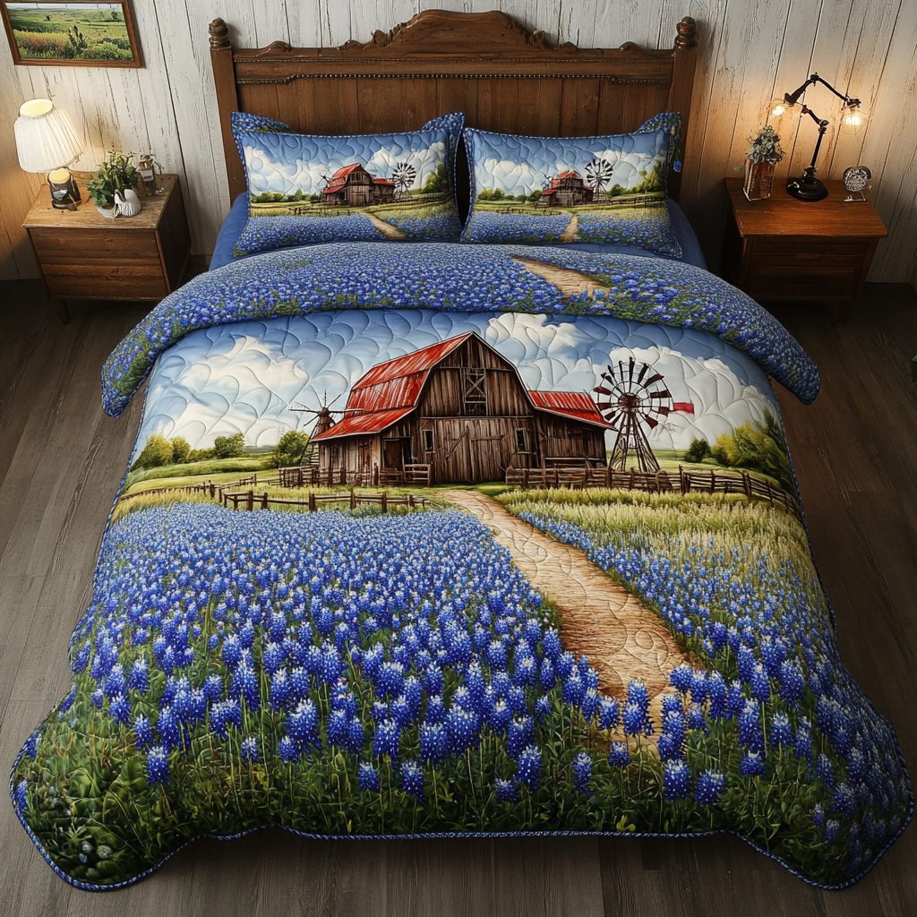 Blue Fields quilted 3-piece bedding set on a made bed with two matching pillow shams