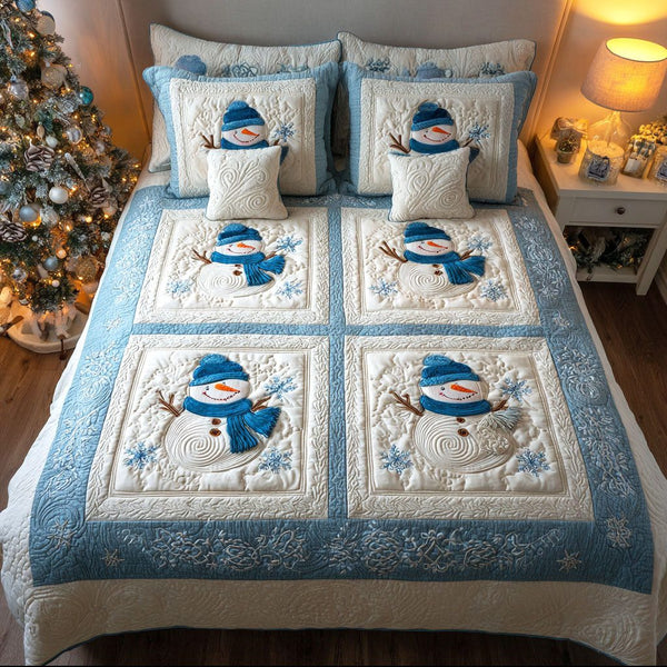 Blue Frost quilted 3-piece bedding set on a made bed in a winter-styled bedroom