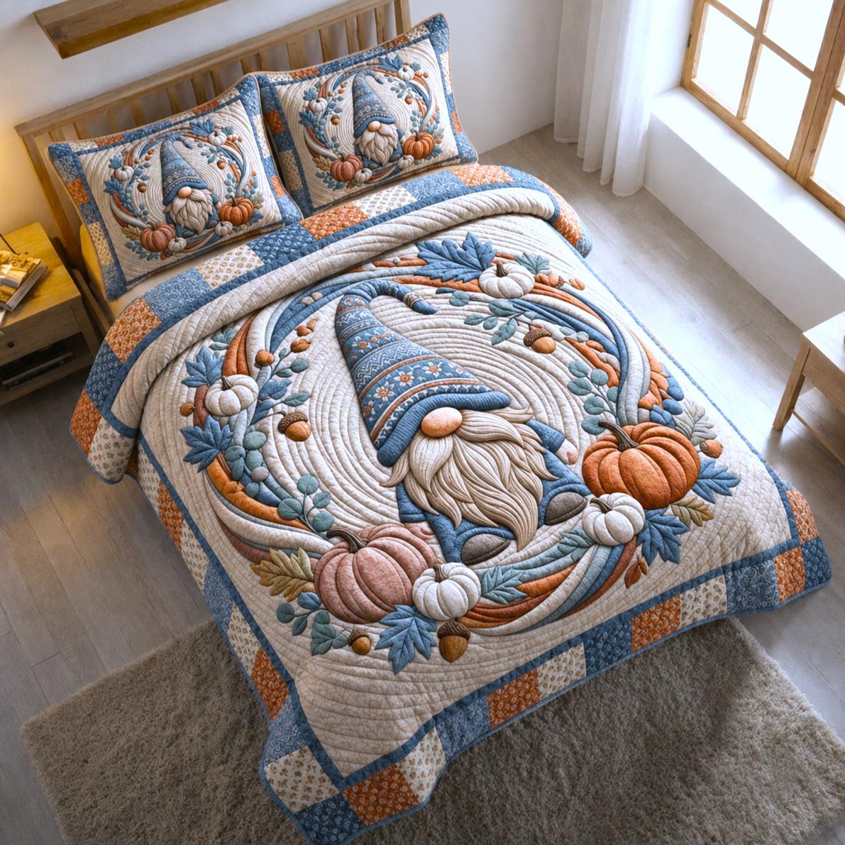 Blue Gnome quilted 3-piece bedding set on a made bed in a winter-styled bedroom