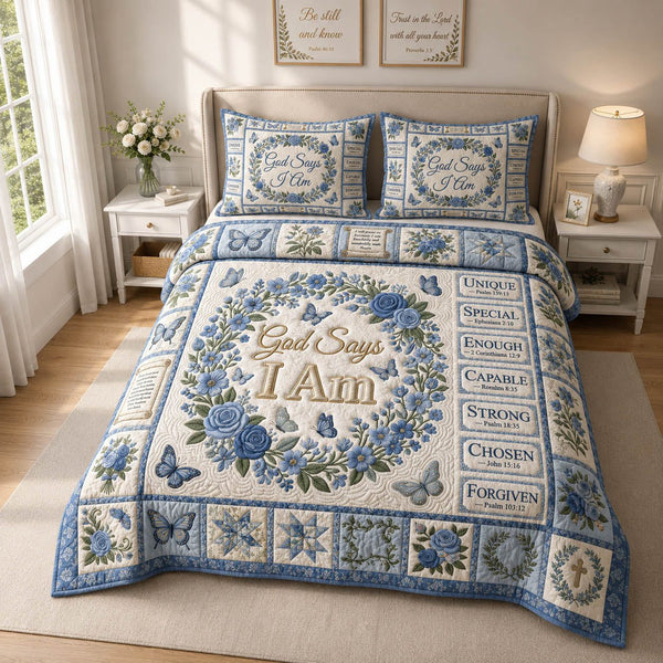 Blue God Says You Are quilted 3-piece bedding set on a made bed in a softly lit bedroom