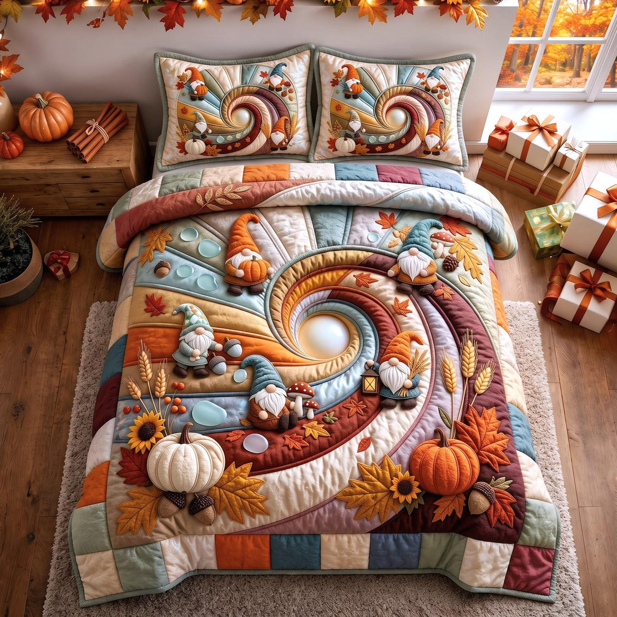 Blue Harvest quilted 3-piece bedding set on a made bed with two matching pillow shams