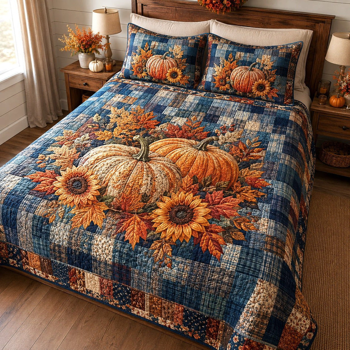 Blue Harvest quilted 3-piece bedding set on a made bed with two matching pillow shams