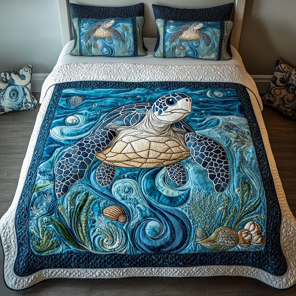 Blue Haven quilted 3-piece bedding set on a made bed with two matching pillow shams
