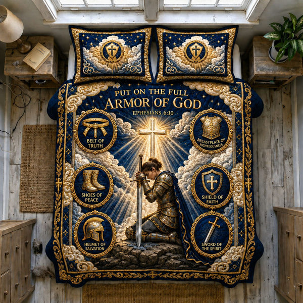 Blue Heavenly Spotlight Armor Of God quilted 3-piece bedding set on a made bed in a softly lit bedroom