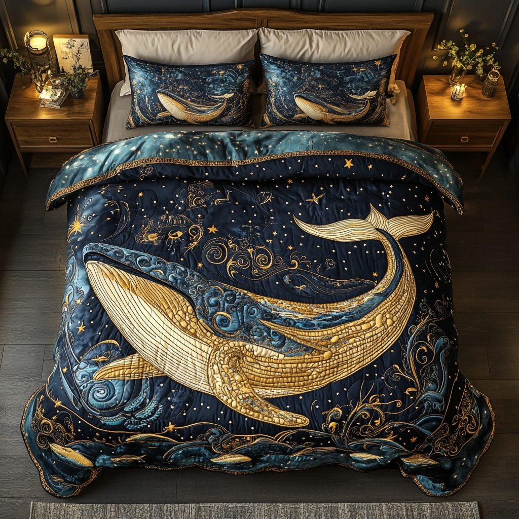 Blue Horizon quilted 3-piece bedding set on a made bed with two matching pillow shams