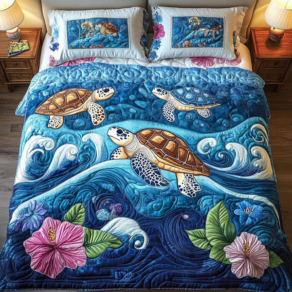 Blue Horizon quilted 3-piece bedding set on a made bed with two matching pillow shams