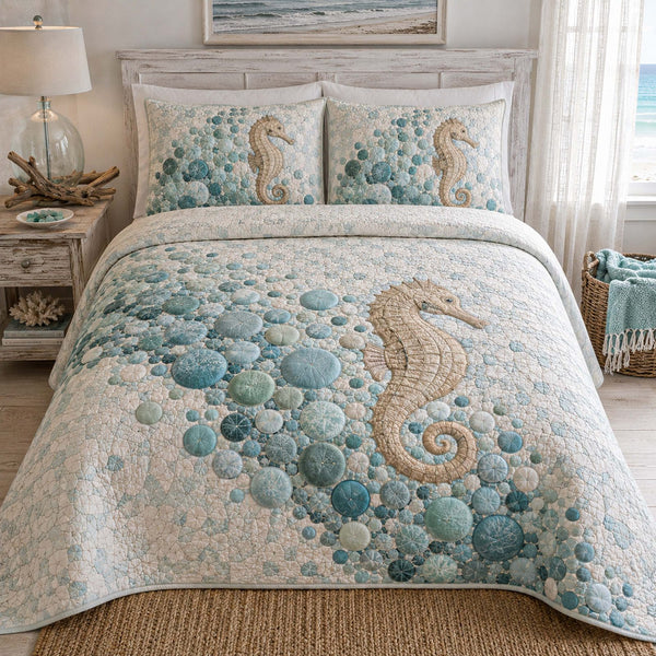Blue Horizon quilted 3-piece bedding set on a made bed with two matching pillow shams