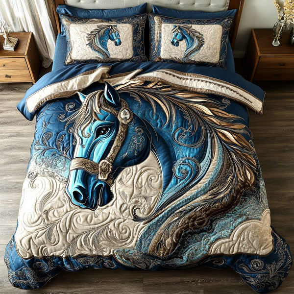 Blue Horse quilted 3-piece bedding set on a made bed in a rustic timber bedroom