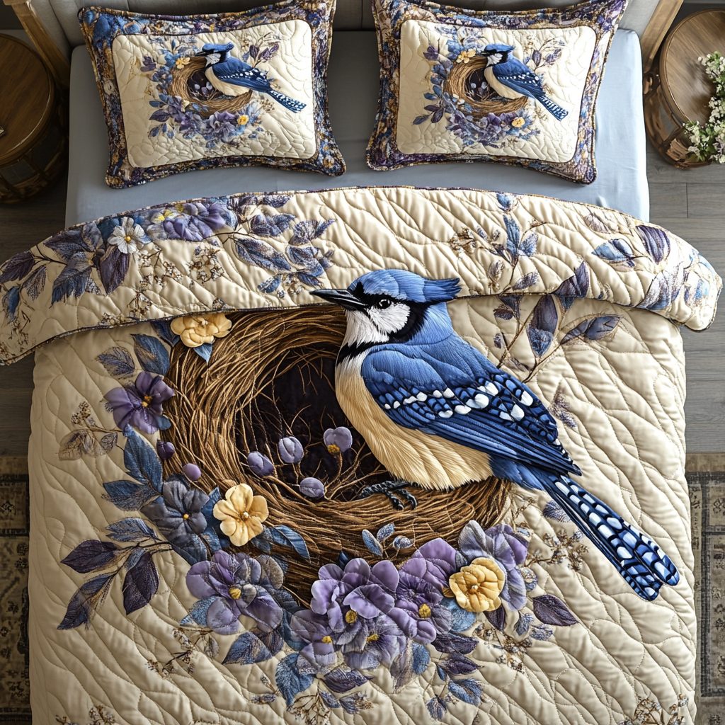 Blue Jay Beauty quilted 3-piece bedding set on a made bed with two matching pillow shams